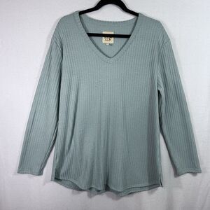Chaser Green Waffle Knit V-Neck Long Sleeve Top Shirt Womens XL Thermal Long Hem